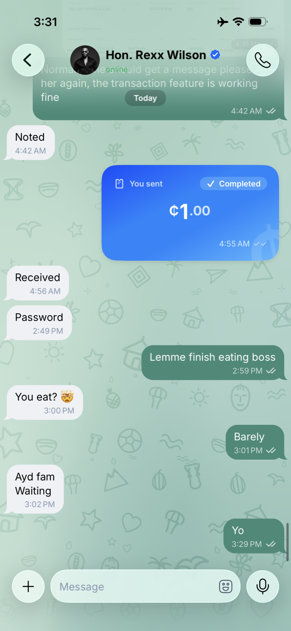 SprinTelex - a chat with a completed ₵ payment
