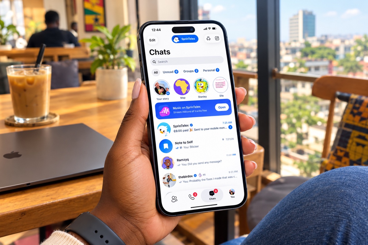 Hand holding a phone showing the SprinTelex chat list